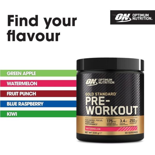 Optimum Nutrition Gold Standard Pre Workout Powder, Energy Drink With Creatine Monohydrate, Beta Alanine, Caffeine And Vitamin B Complex, Nutrition Supplement, Watermelon Flavour, 330g (30 Servings) - UK Original With Double Sticker - Image 2