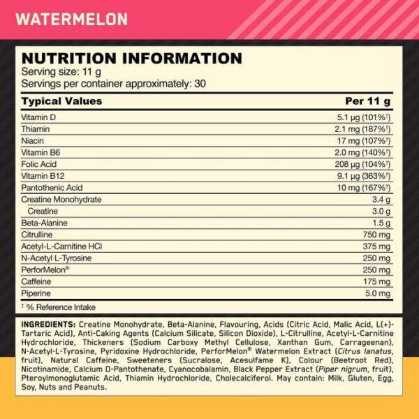 Optimum Nutrition Gold Standard Pre Workout Powder, Energy Drink With Creatine Monohydrate, Beta Alanine, Caffeine And Vitamin B Complex, Nutrition Supplement, Watermelon Flavour, 330g (30 Servings) - UK Original With Double Sticker - Image 3